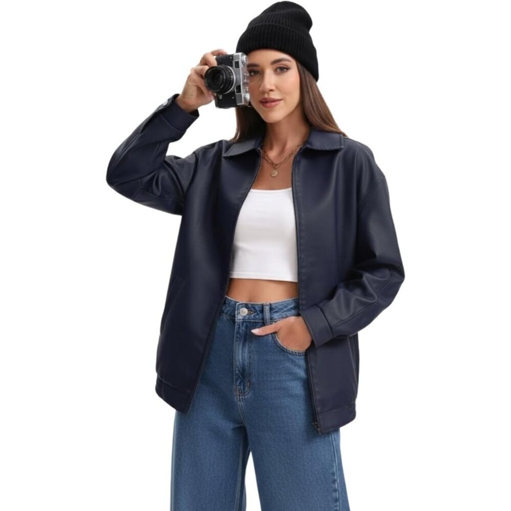 Womens Oversized Faux Leather Jacket Zip Up Motorcycle Loose Fit Fall Outfits - Picture 3 of 6